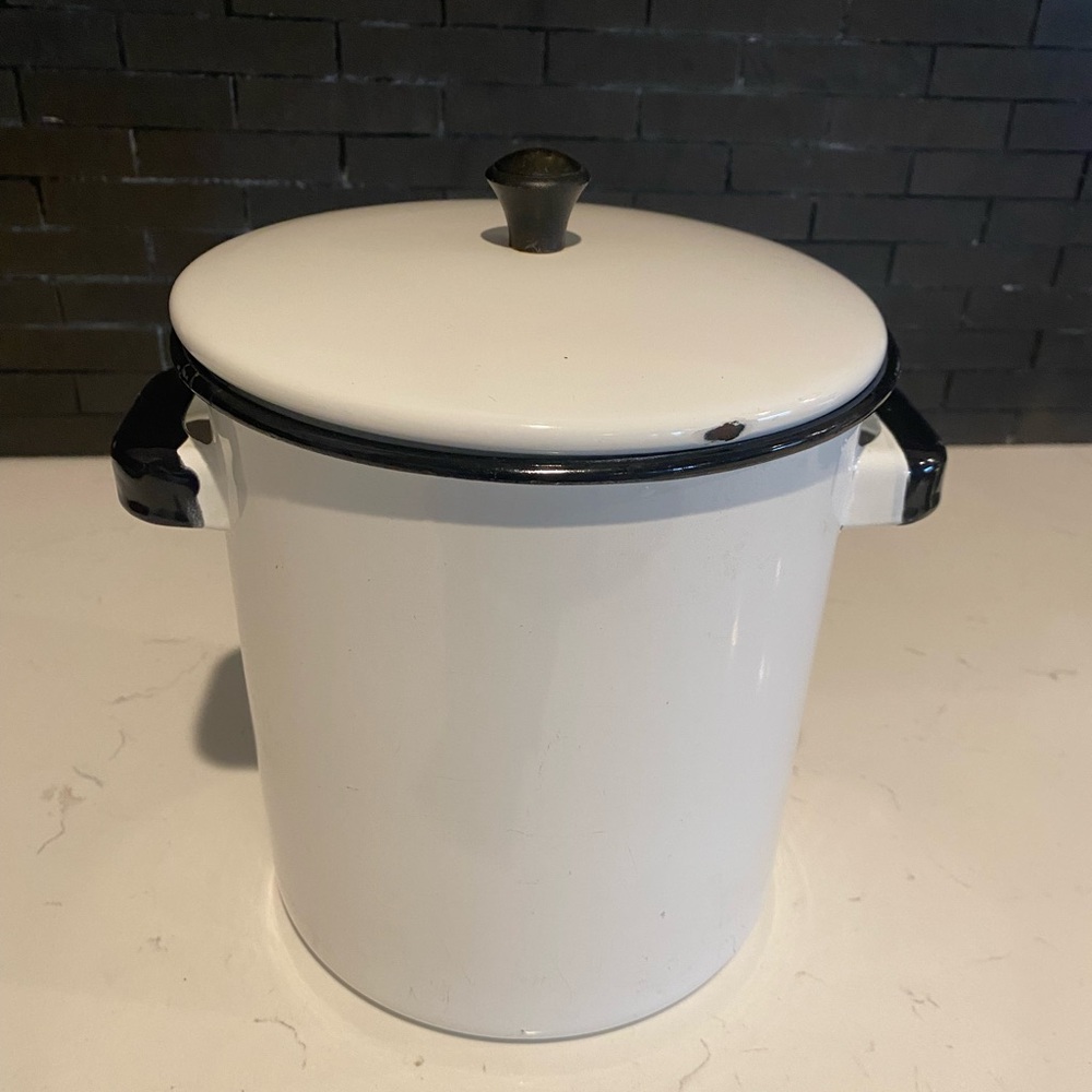 Vintage White Enamelware Pot Black Trim Lid Insert 3 Pc Complete Set Rare   MCM